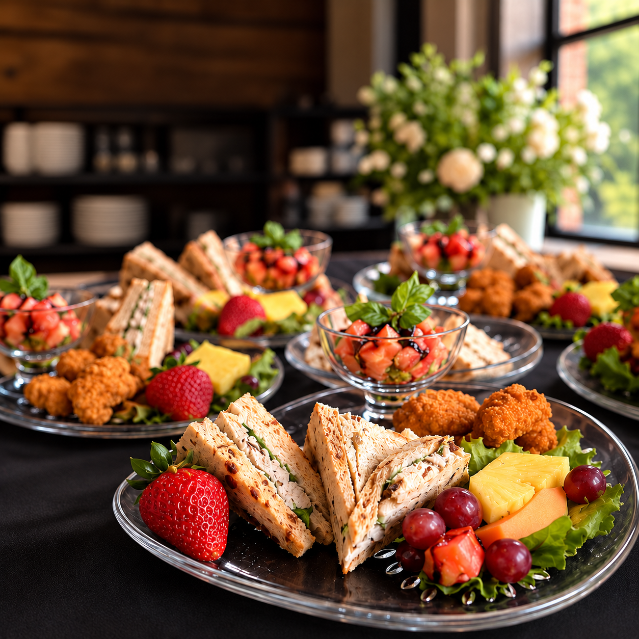 Almost Home appetizer plates prepared for a catered gathering