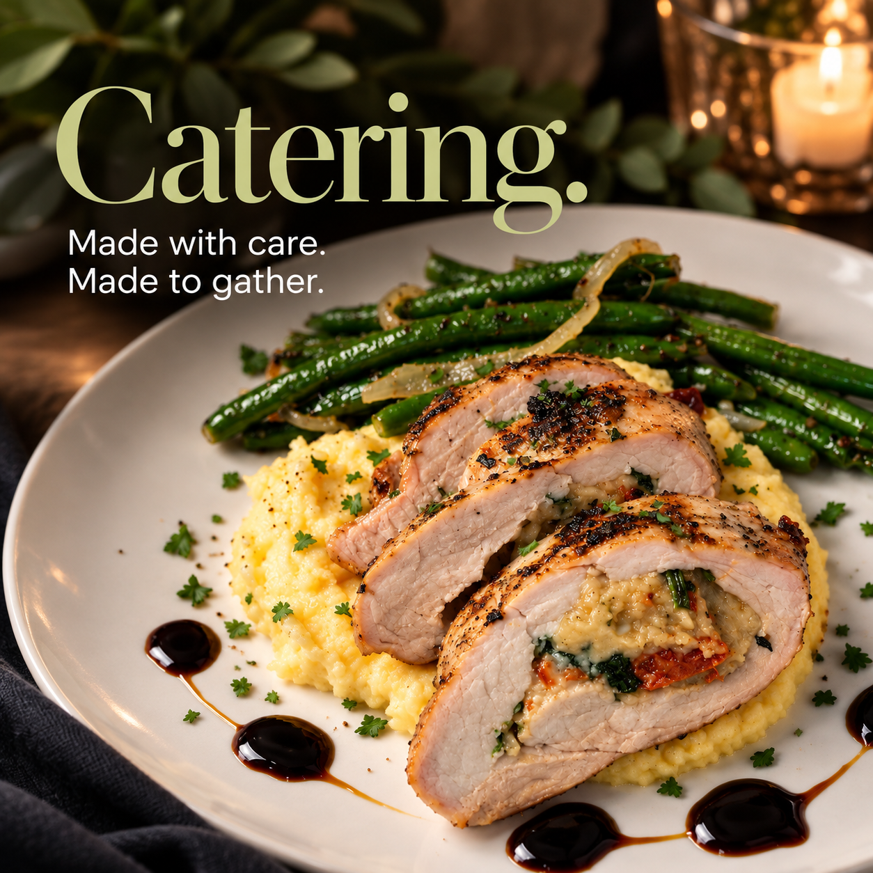 Stuffed entrée with green beans prepared by Almost Home
